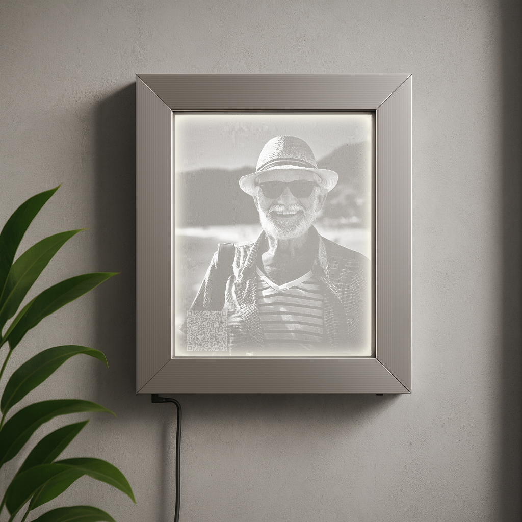 Glas Wandbild Fotogravur auf Kristallglas mit optionaler QR Gedenkseite