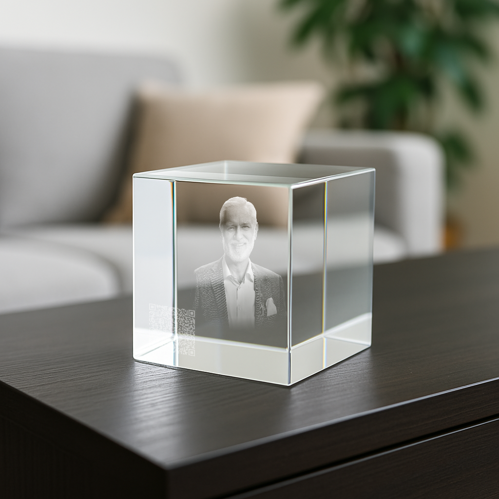 Kristallglas Quader mit Fotogravur und optionaler QR Gedenkseite