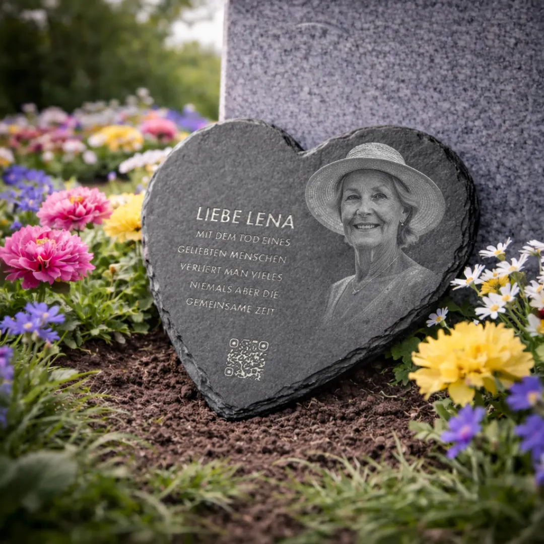 Herzförmige Schieferplatte mit Portrait und QR Code auf Grabstelle