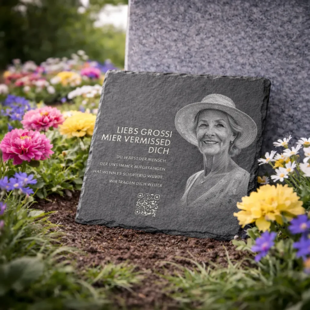 Quadratische Schieferplatte mit Portrait und QR Code auf Grabmal