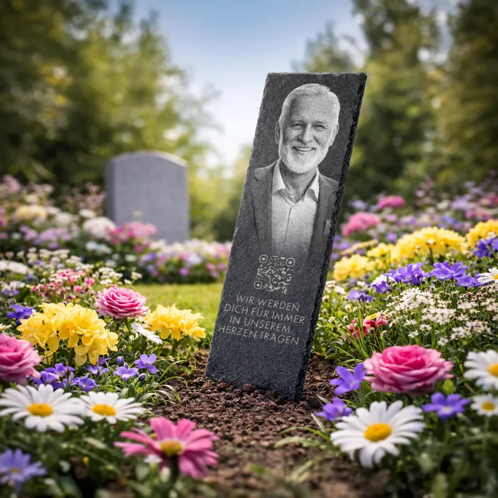 Rechteckige Schieferstele mit Portrait und QR Code auf Grabstelle