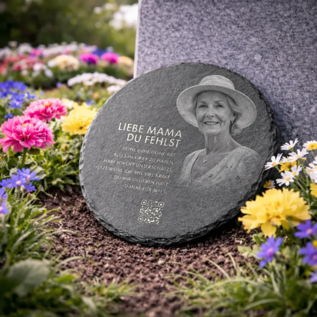 Runde Schieferplatte mit Portrait und QR Code auf Grabmal
